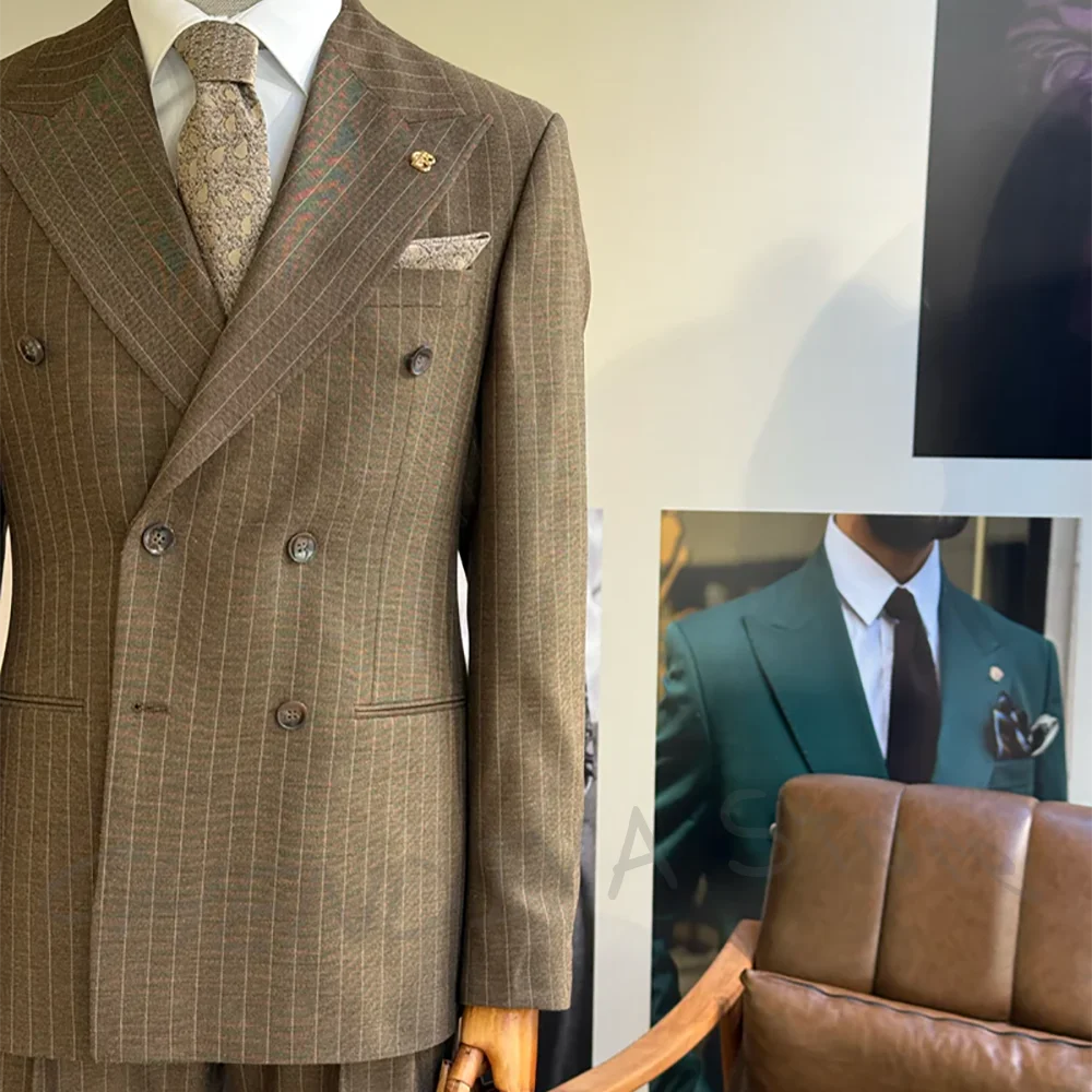 Business Striped Men Suit Set Two Pieces High Quality Peaked Lapel Double Breasted Formal Outfit Jacket Pants Customized