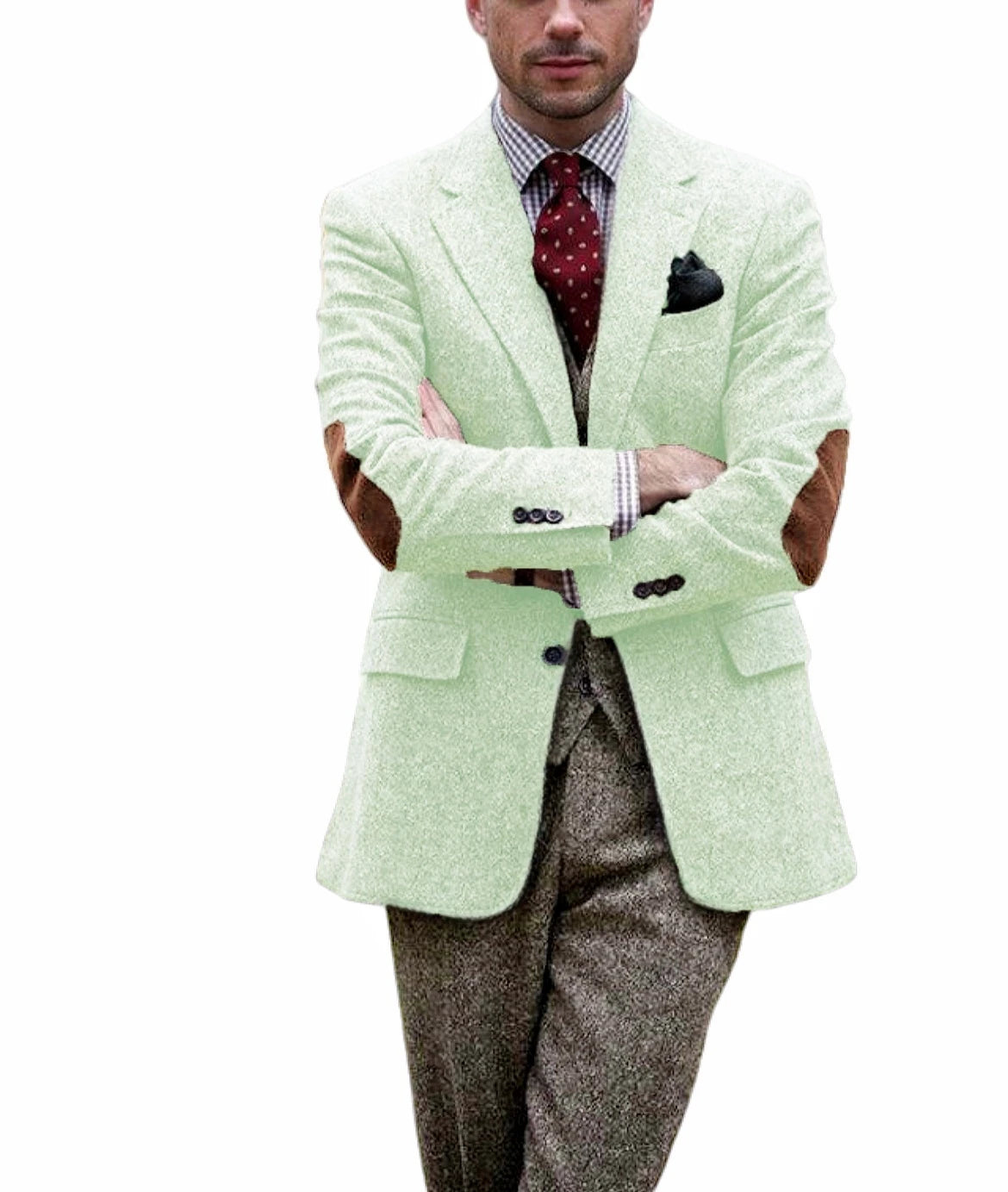 Men's Tweed Blazer Notched Lapel Wool Blend With Elbow Patches Casual Suit Jacket For Business Wedding Daily Wear Party