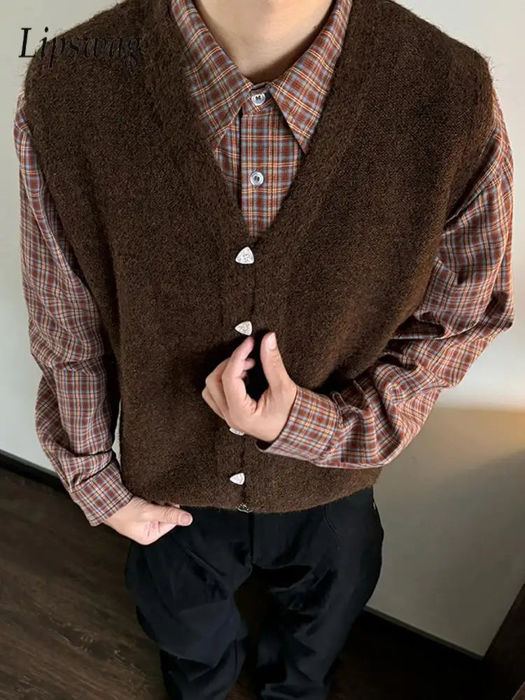 Vintage Single-breasted Wool Vest Jacket Men Autumn Winter Trendy Sleeveless Cardigans Mens New Casual V Neck Knitted Waistcoats