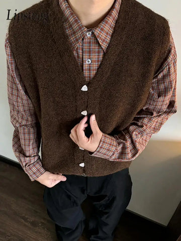 Vintage Single-breasted Wool Vest Jacket Men Autumn Winter Trendy Sleeveless Cardigans Mens New Casual V Neck Knitted Waistcoats