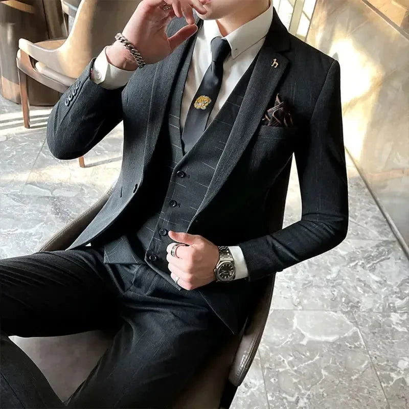 3 Piece Solid Men Suit Wedding Groom Tuxedo Long Tailcoat Best Man Formal Prom Suit Fashion Costume Homme (Jacket+Vest+Pants)3 P