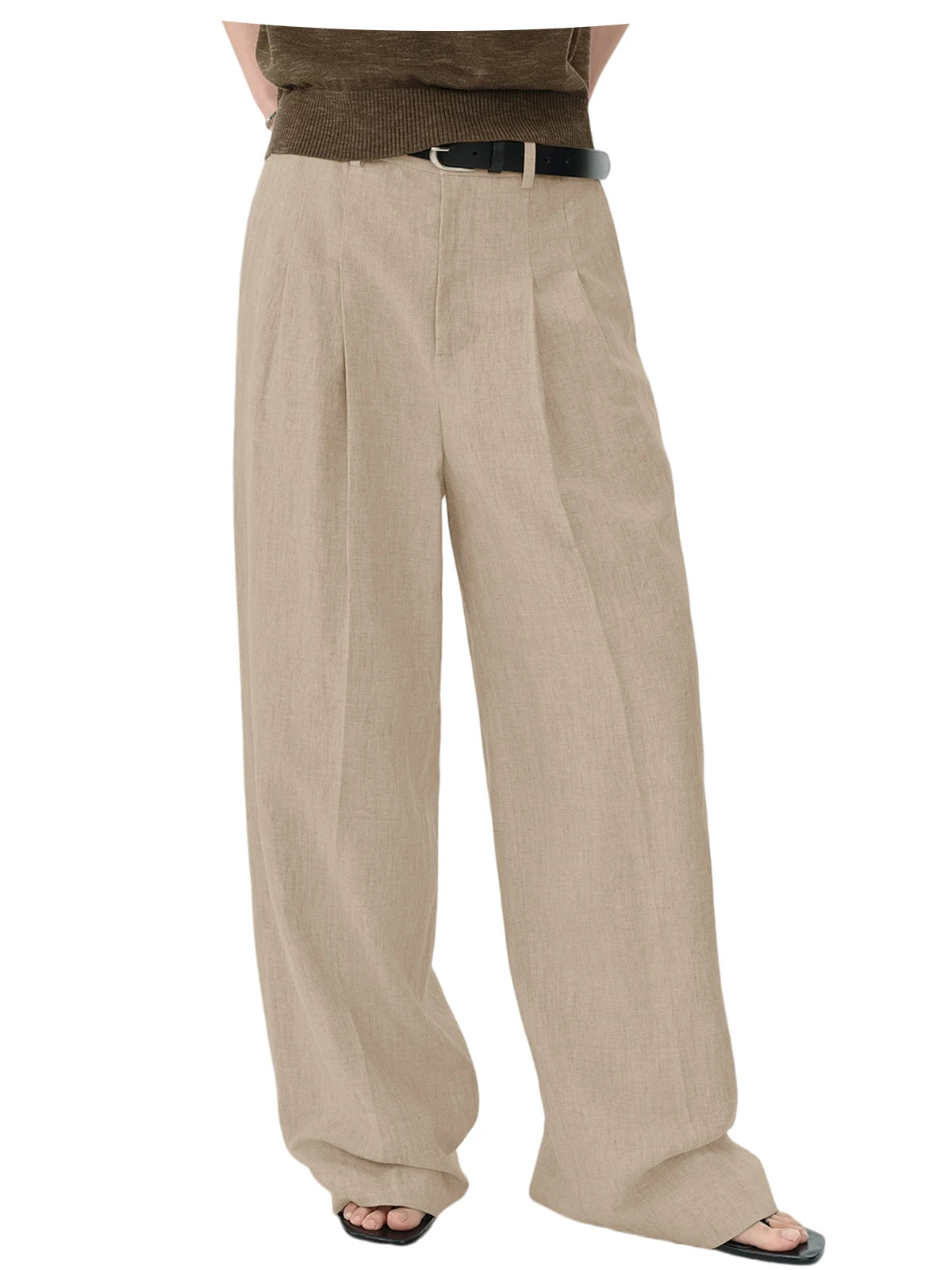 Men Linen Wide Leg Pants High Waist Pleated Casual Trousers Breathable Loose Straight Suit Pants Streetwear