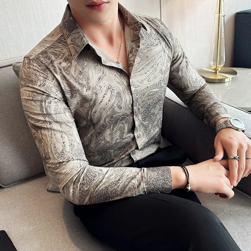 2023 New Fall Camouflage Print Men's Slim-fit Business Social Long Sleeve Shirt Men's Casual Dress Shirt Men's Shirt Club Party