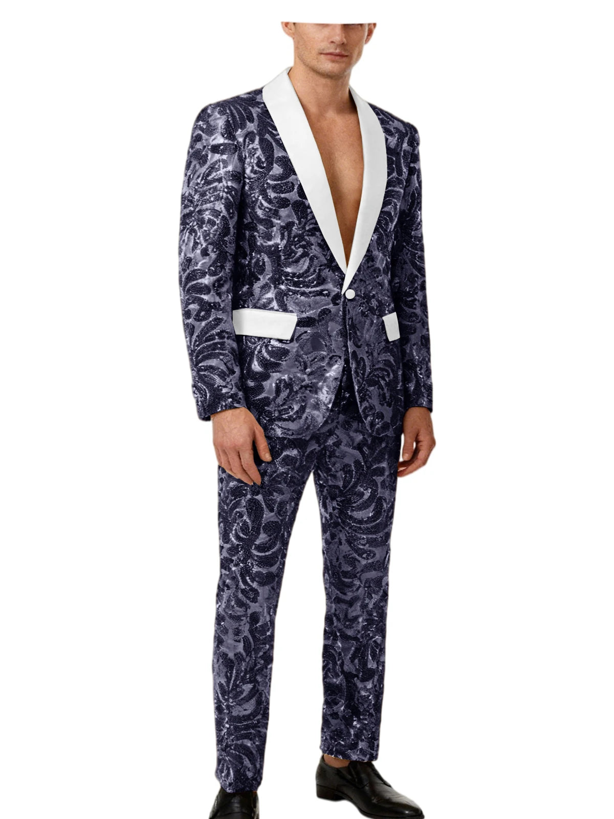 Men's Sequin Paisley Tuxedo Set Suit White Satin Shawl Lapel Slim Fit 2 Piece Blazer+Pants For Wedding Prom Party Suit Plus Size