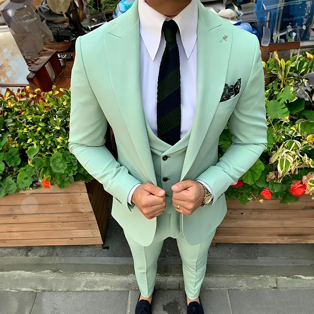 Mint Green Peak Lapel Slim Fit Men's Suit Business Casual 3 Pieces Jacket Vest Pants Fashion Blazer Set Wedding Groom Tuxedos