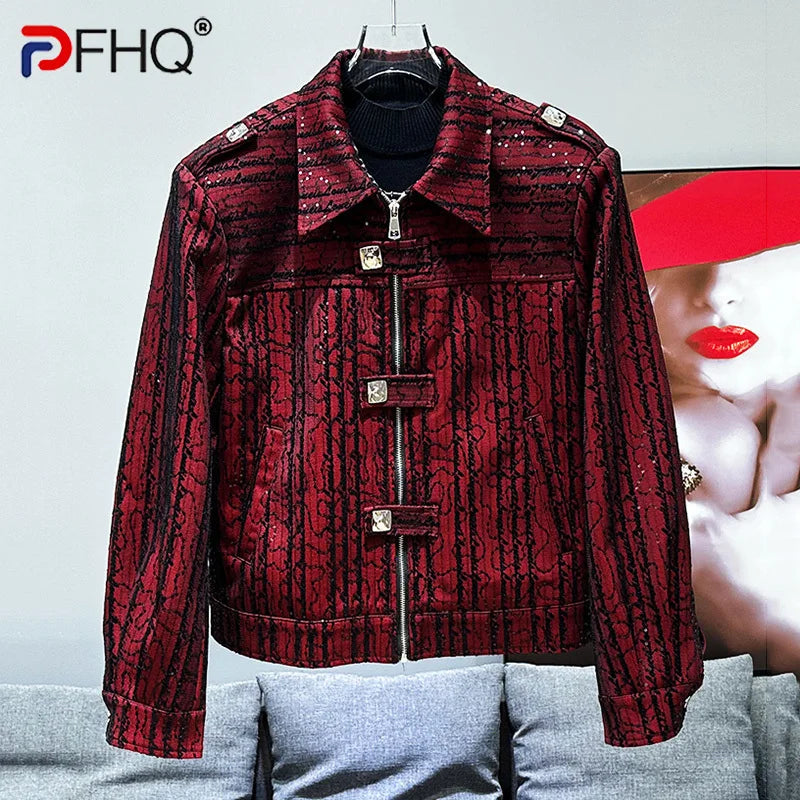 PFHQ Sequin Menshort Jacket Autumn Winter Trendy Streetwear 2024 Turn-down Collar Zipper Casual Male Tops Fashion 21Z7740