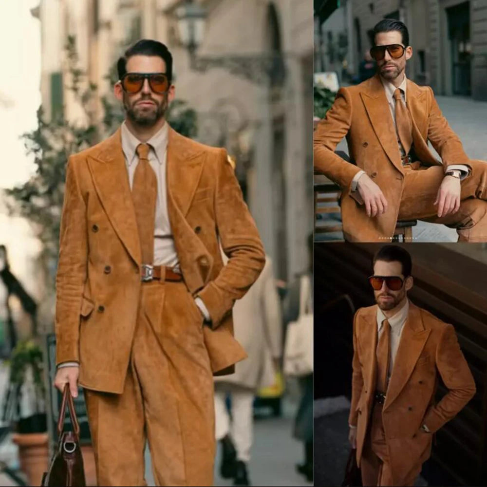 Classic Brown Suede Suits Men Double Breasted Prom Blazer Customized 2-Piece (Jacket Pants ) Man Business Outfit Groom Tuxedos