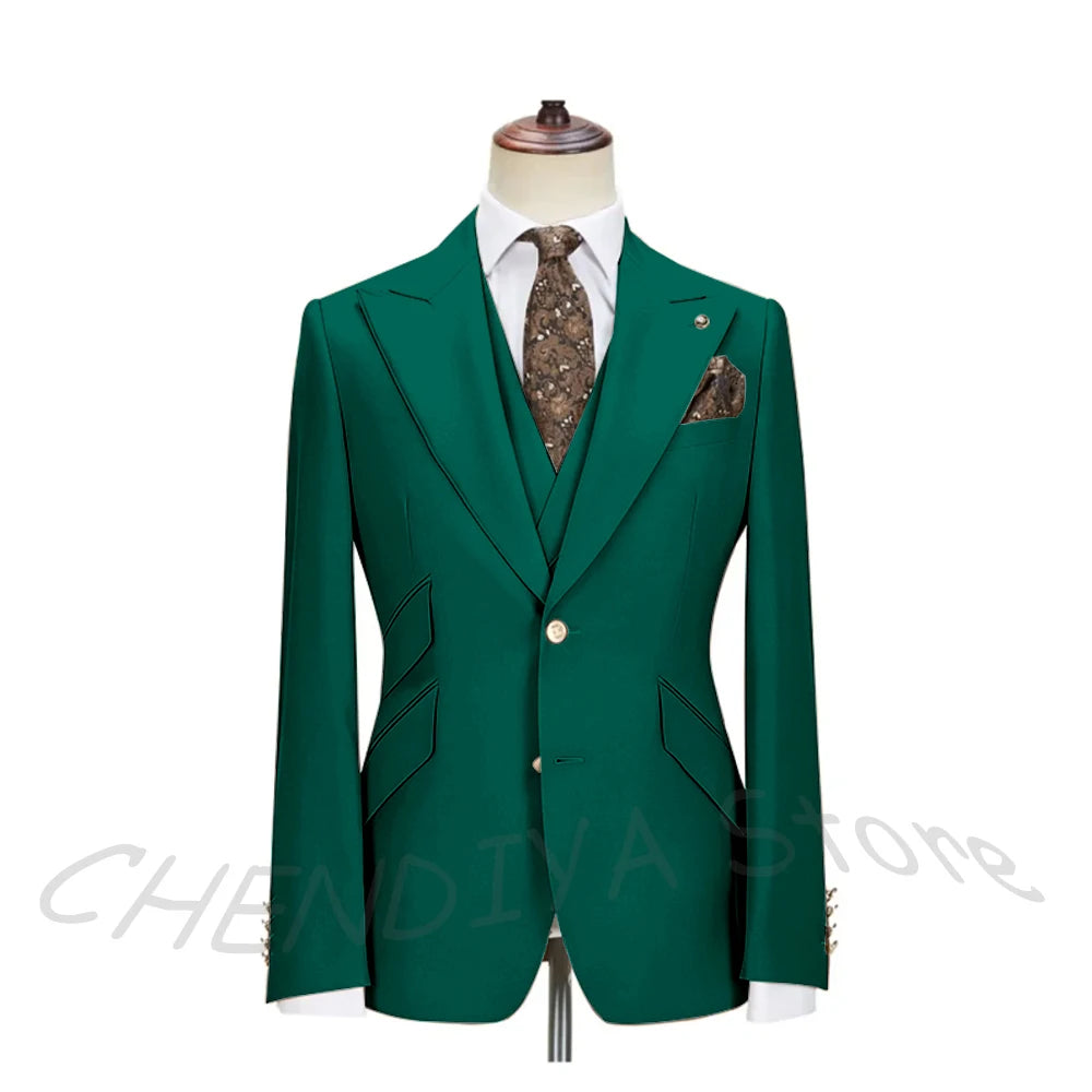 Solid Color Men's Suits 3 Piece (Blazer+Pants+Vest) Fashion Peak Lapel Single Breasted Prom Male  Business Casual Clothing