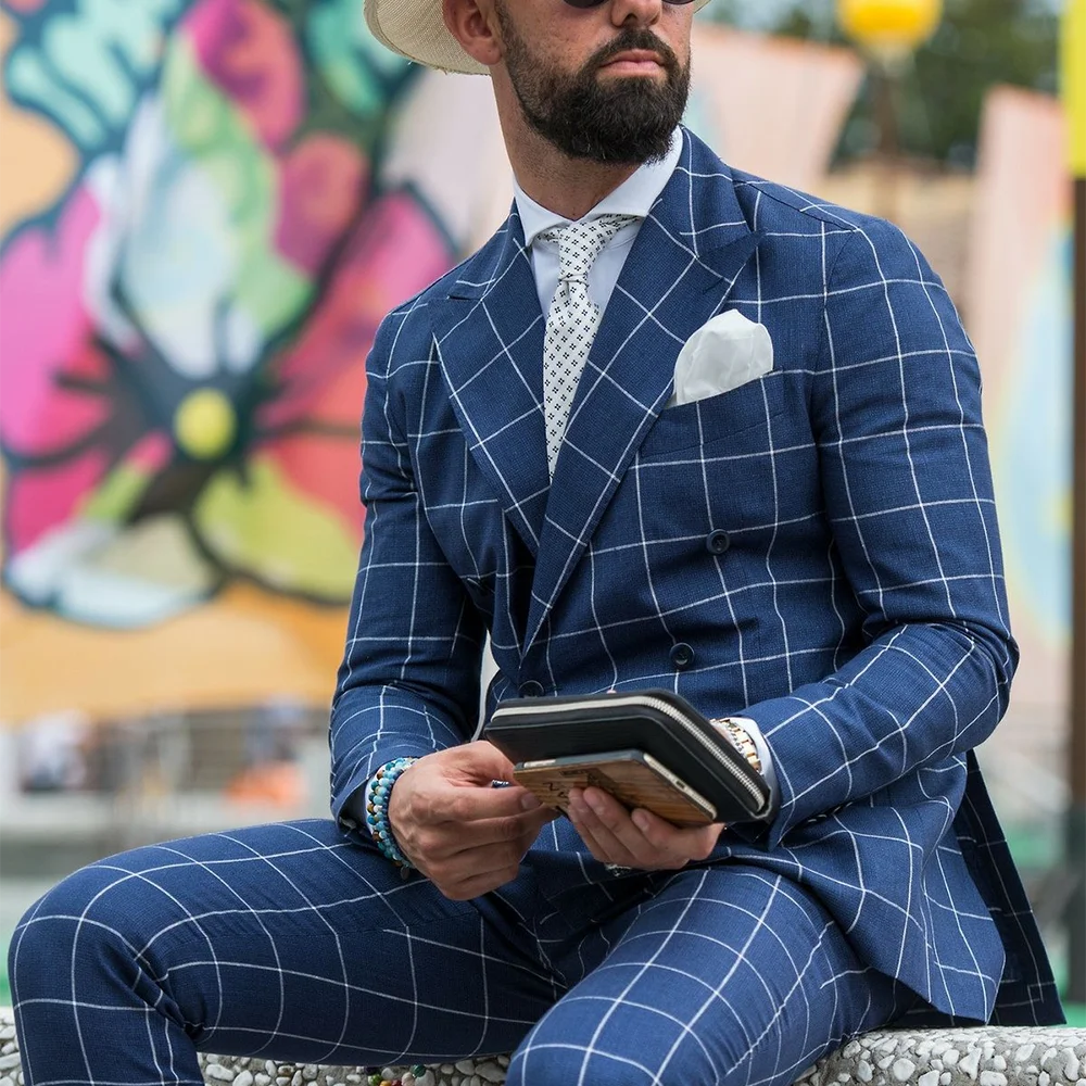 Blue Plaid Men's Suit Business Casual Peak Lapel Slim Fit Outfit Jacket Pants Double Breasted Formal Office Work Blazer Set