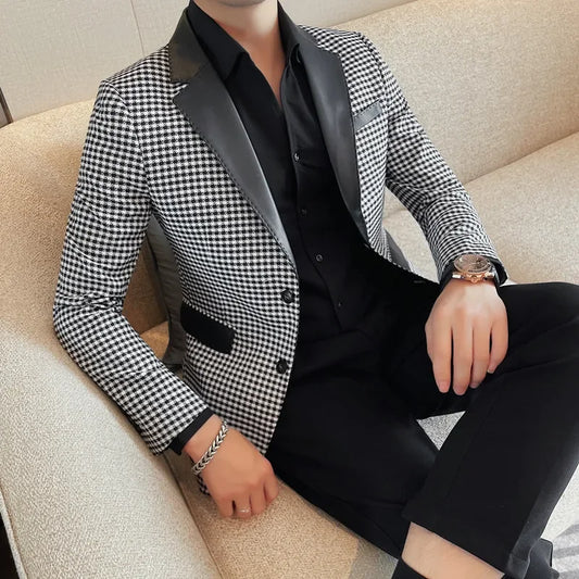 2024 Spring Houndstooth Blazer Jackets Men moda Moda PU Colar colar de colarinho de luxo Slim Fit Social Prom Tuxedo 4xl-M