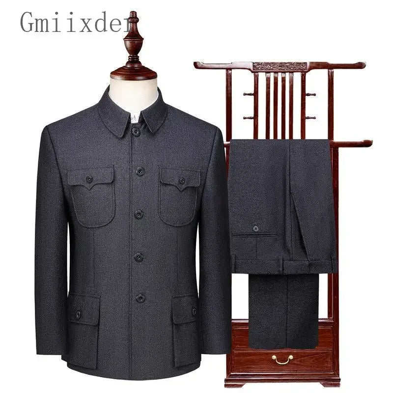 Autumn Stand-up Collar Overcoat Trousers Suit Middle-aged Chinese Style Loose Casual High Street Jackets Pants Set/single Pice