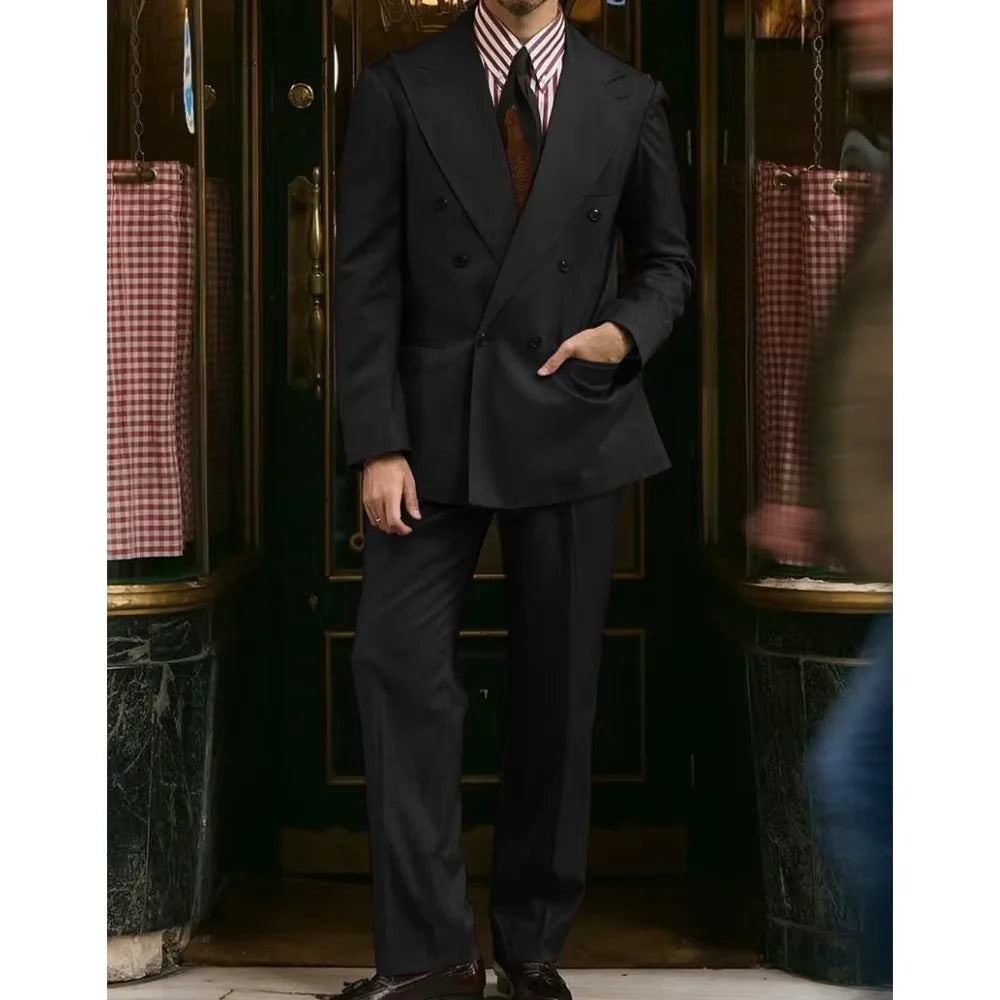 Men's Khaki Suit 2 Piece Set Double Breasted Peak Lapel Blazer Straight Leg Pants Fashion Formal Outfit Business Casual Wedding