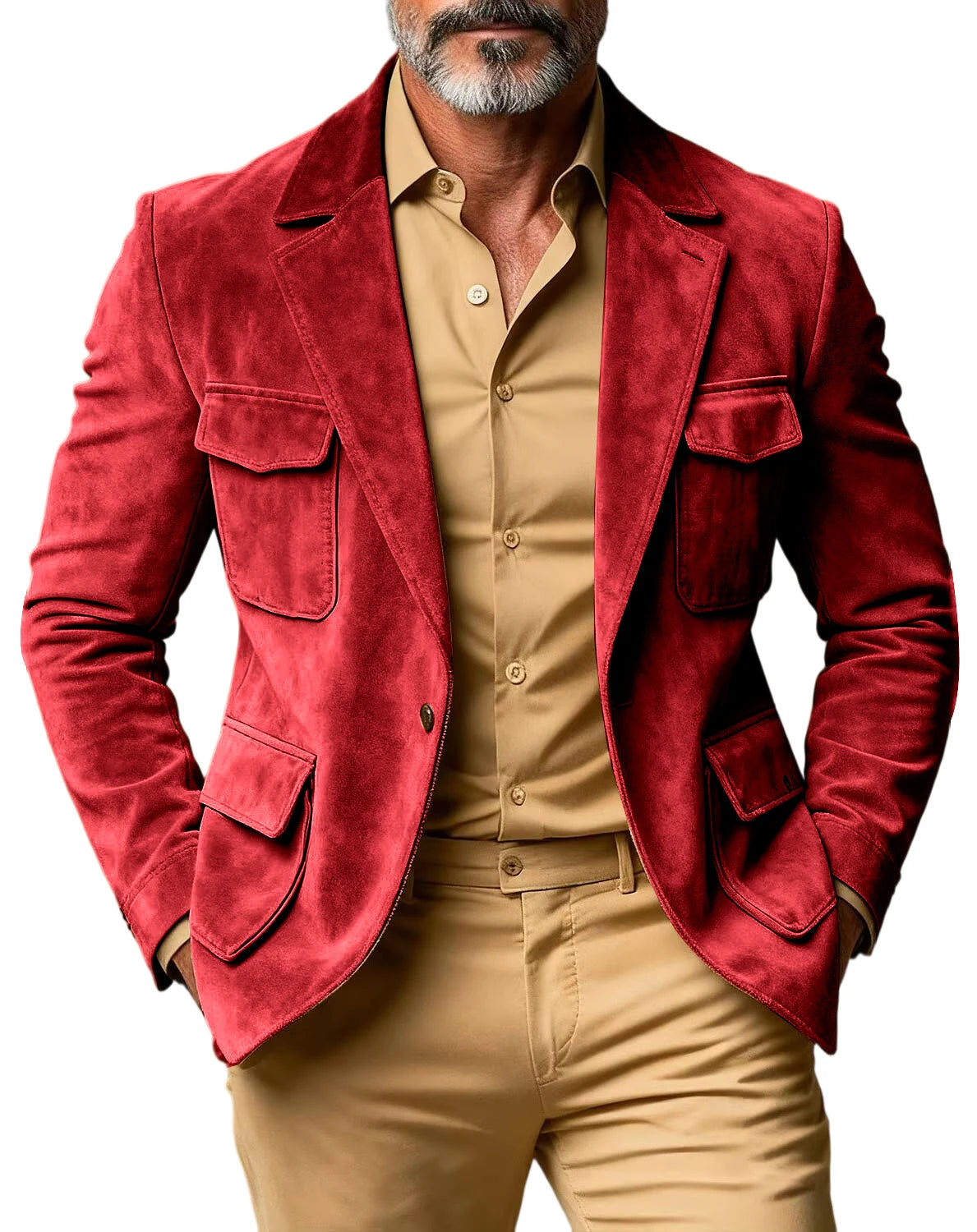 Men's Suede Safari Blazer Slim Fit Notch Lapel Multi-Pocket Hunting Jacket Autumn Winter Casual Business Sport Coat