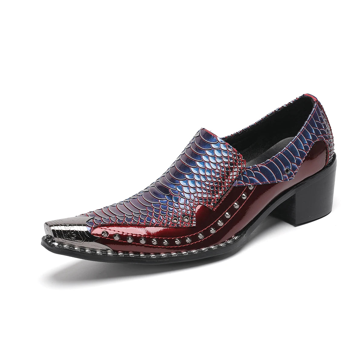 Metal Pointed Men's Shoes Casual T-table Nightclubs Height Increasing Handmade Rivets Snake Pattern Men's Music Shoes