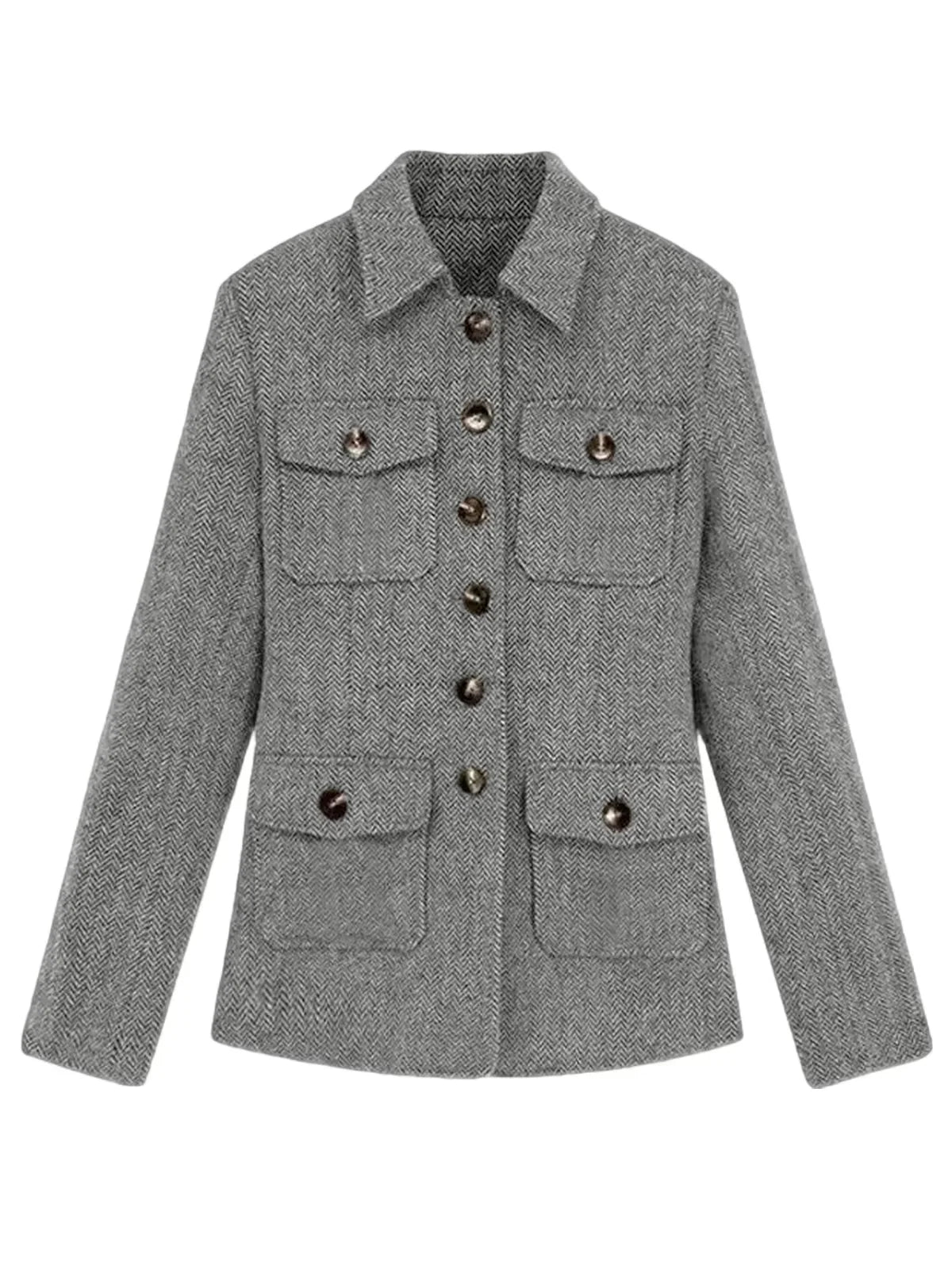 Men's Herringbone Wool Blend Blazer Jacket Notch Collar Utility Multi-Pocket Casual Overcoat For Spring Autumn