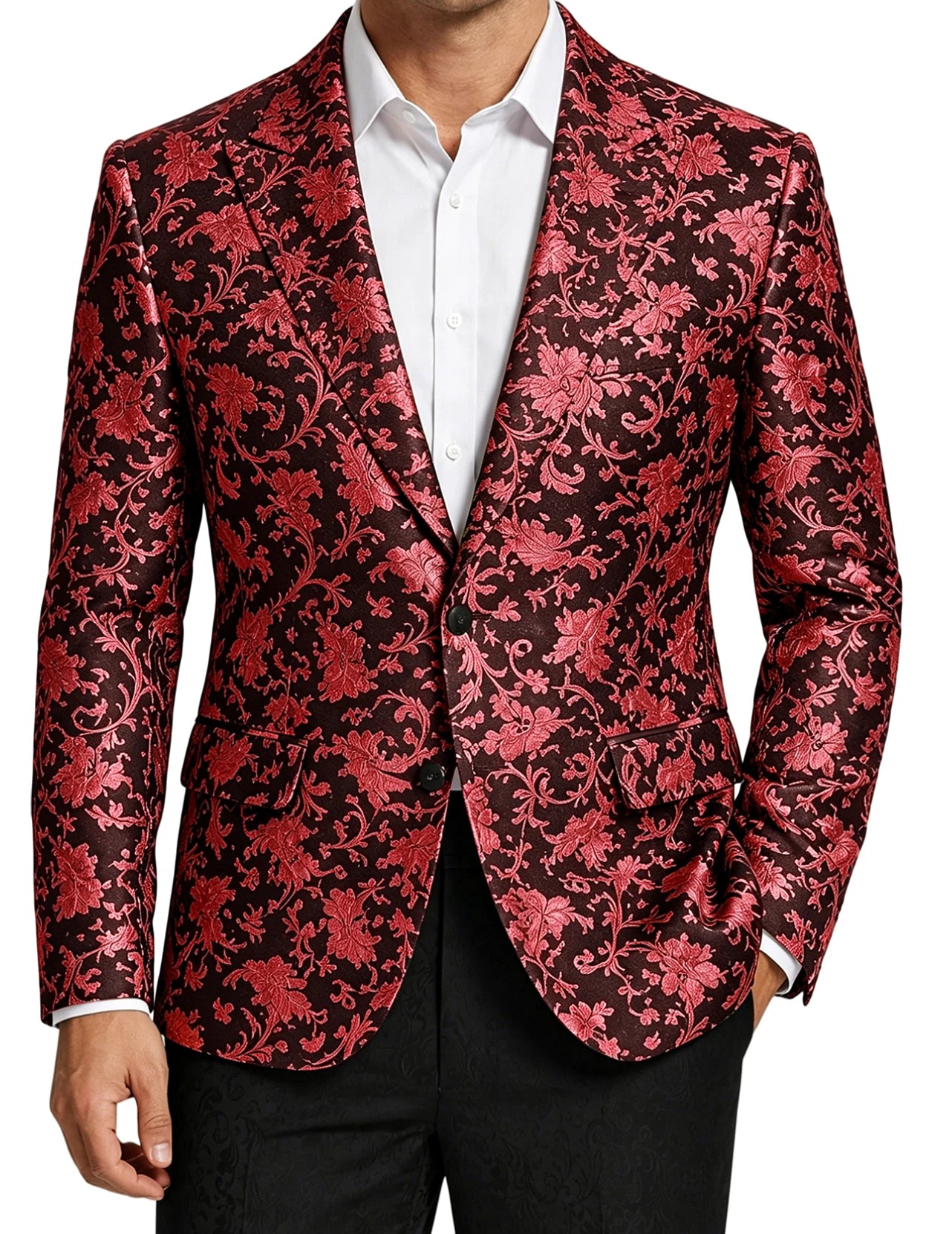 Men's Floral Jacquard Blazer Notched Lapel Two Button Flap Pockets Party Suit Jacket For Wedding Prom Nightclub Formal