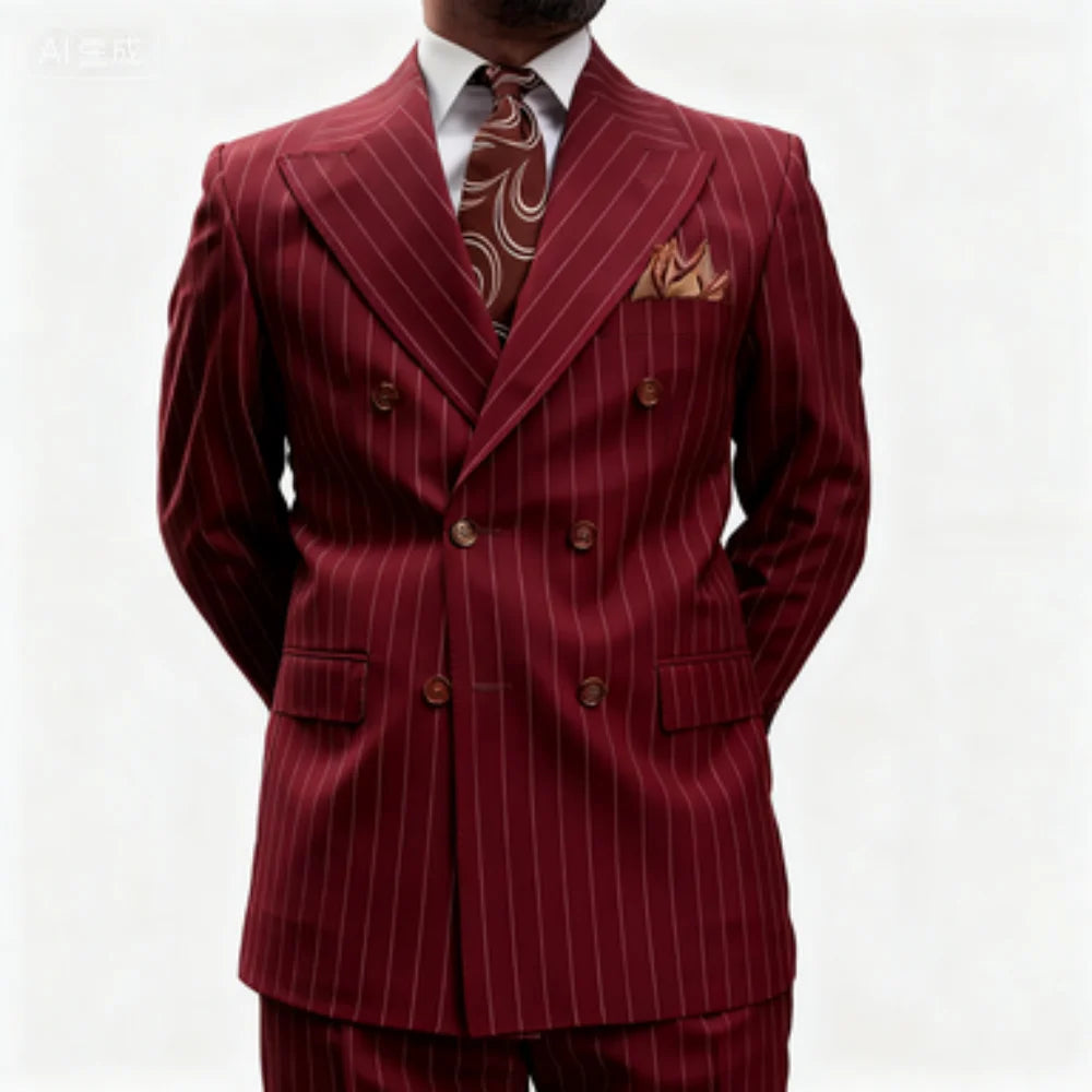 2-Piece Light Grey Striped Men's Tuxedo Slim Fit Peak Lapel Double Breasted Blazer Wedding Business Suit Ensemble