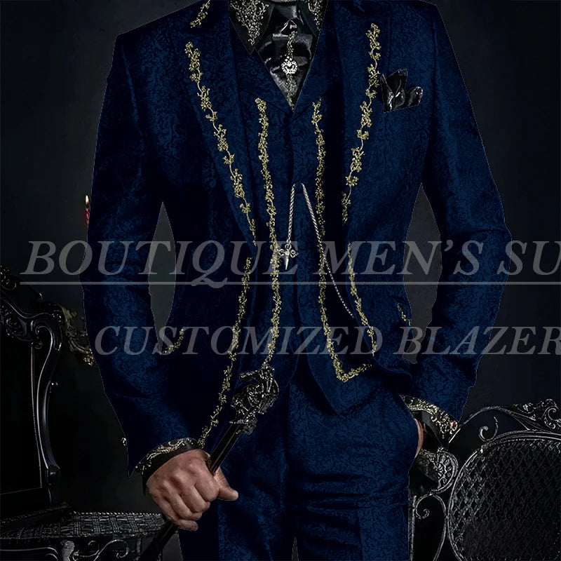 Elegant Black Jacquard Men Suits Embroidery Single Breasted Slim Fit 3 Piece Jacket Pants Vest Male Clothing Blazer Terno 2024