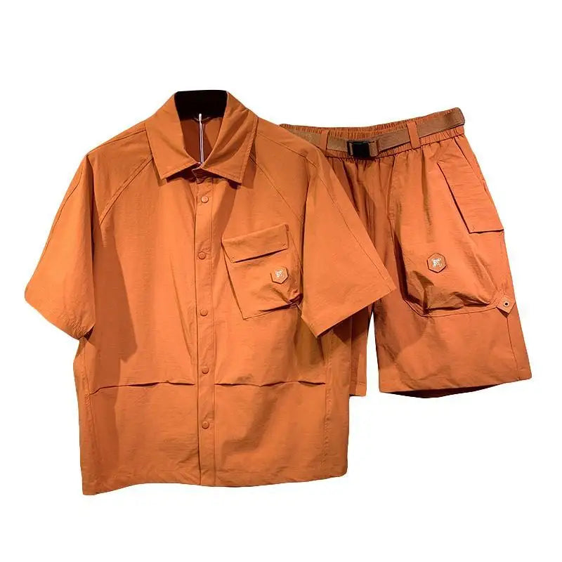 Oversized Plain Male Shirts Short Sets Two Piece Korean Style 2025 Outfits Basic Cheap Clothes Novelty in Kpop  Men's Shorts Set