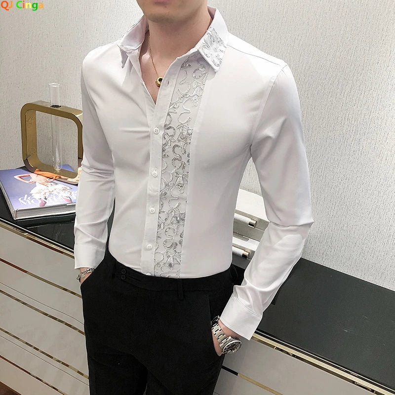 Autumn White Fleece Long Dress Shirt Men's Fashion Slim Men Shirts QJ CINGA Brand New Male Top Lace Stitching Decoration Camisa