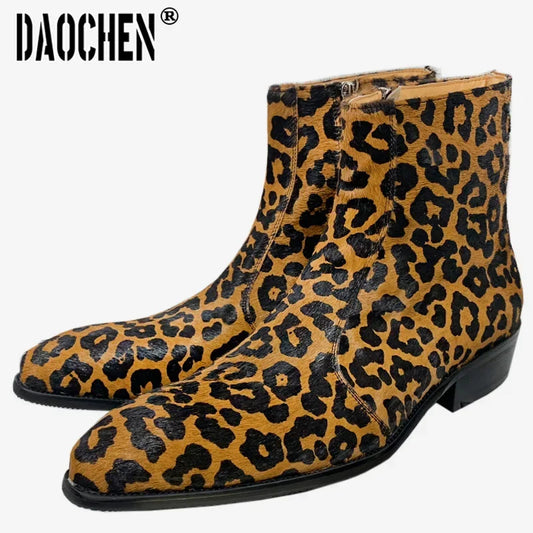 Luxury Men Chelsea Boots Mid-Calf Boots High Grade Leopard Print Horse Hair Zip Casual Mens Dress Real Leather Boots Men