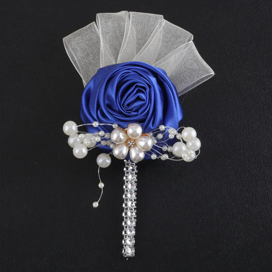 Janevini Luxury Royal Blue Boutonniere Mariage Pearl Crystal Men Suit boutonnière Fleur pour le brouillard de fleur de ruban de mariage Corsage