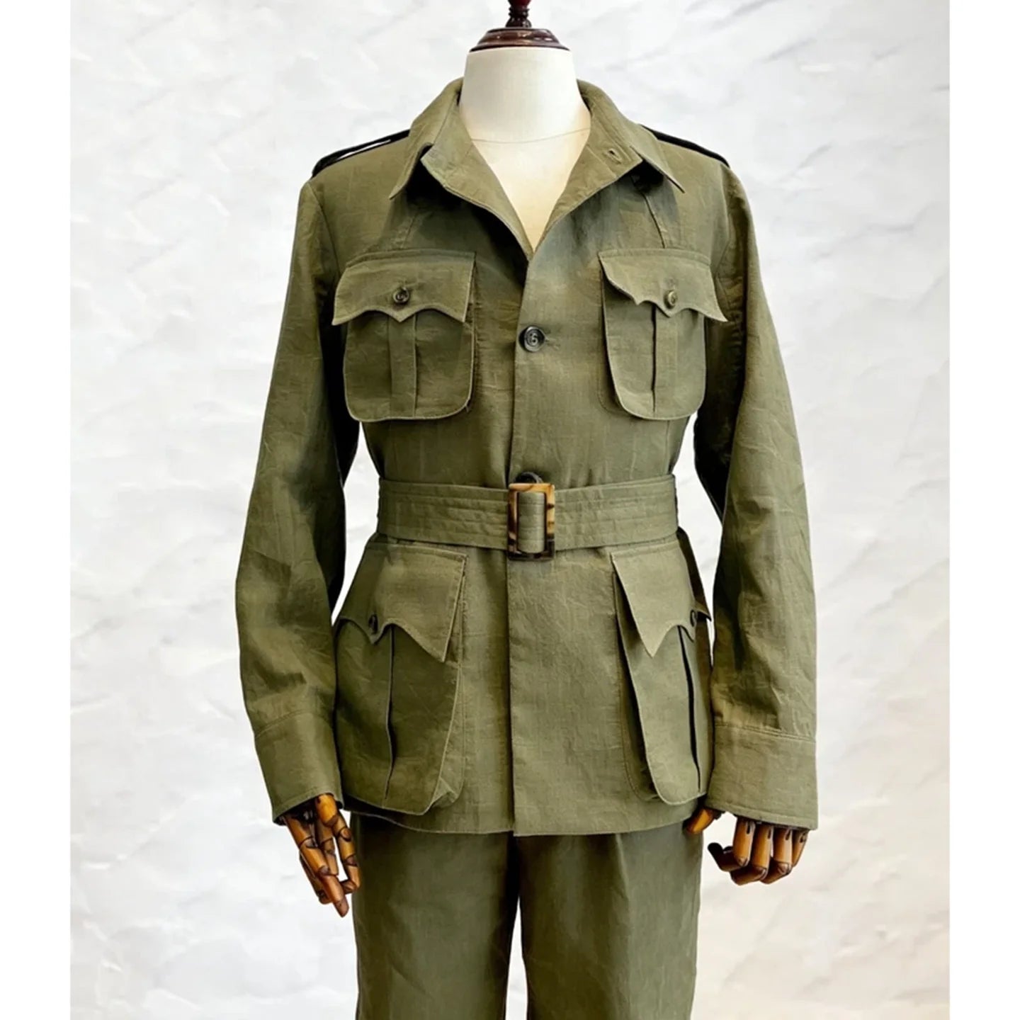 Green Linen High Quality Men Suit Fashion Stand Collar Single Breasted with Belt 2Piece Daily Formal Party Banquet Customized