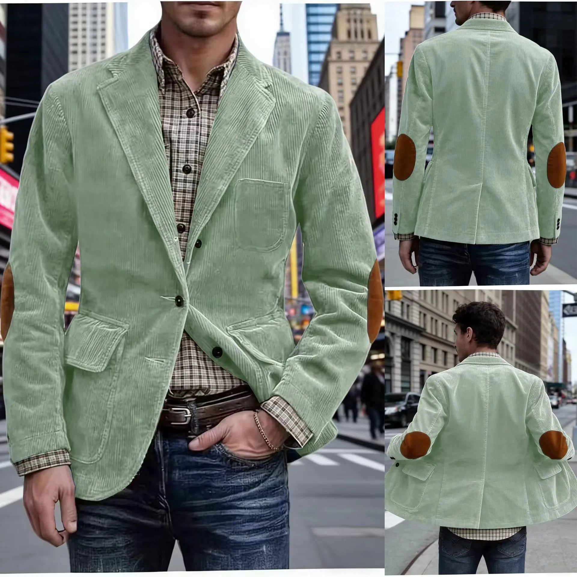 Men's Hunting Corduroy Blazer with Elbow Patches Vintage Tan Notched Lapel Casual Jacket British Slim Fit Daily Work Suit Coat
