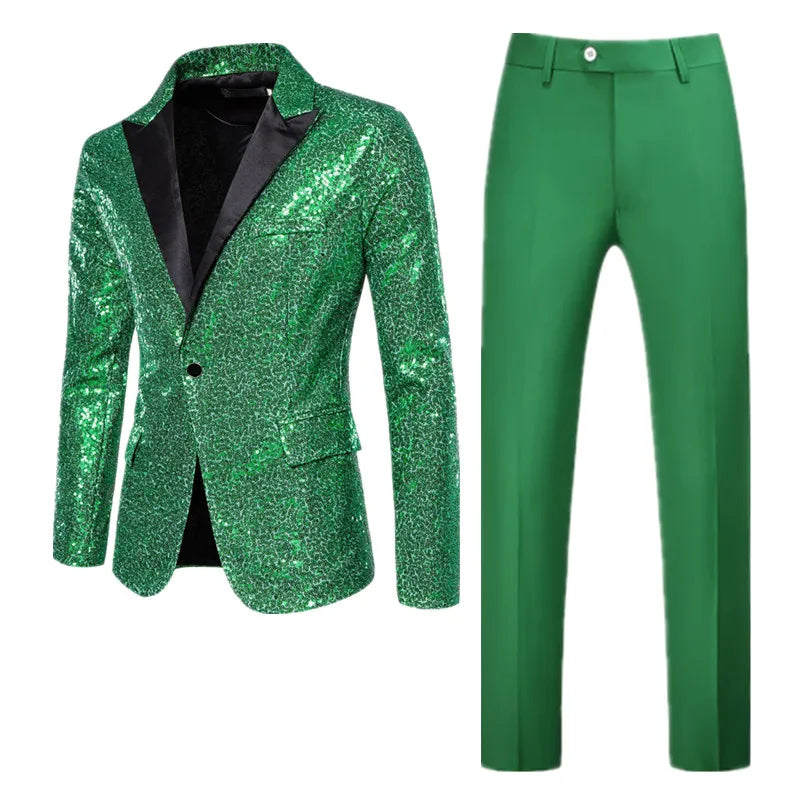 (Blazers + Pants) Fashion Luxury Men Dance Party Sequins Suit 2 Piece White / Silver / Navy Blue Singer Host Stage Dress Set