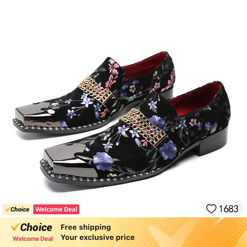 fashion  Metal Pointed Toe Monk Strap Shoes Business Real Leather Mid Heel Oxfords Shoes Wedding Evening Dress Shoeses For Men