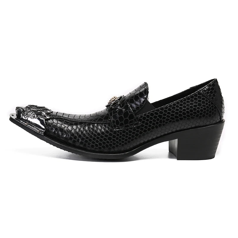 Men's Black Leather Dress Shoes with Snake Pattern Solid Toe High Heel Business Shoes for Office Wear