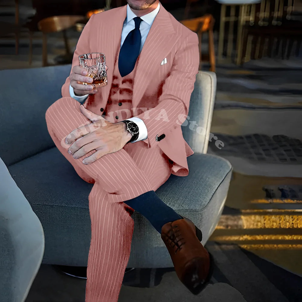 Chic Blue Pinstripe Men Suits Fashion Peak Lapel Business Casual Male Suit Elegant Wedding Groom Tuxedo Slim Fit 3 Piece Set
