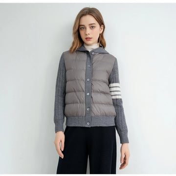 TC-214 Hooded  white duck down jacket with knitted splice wool sleeve luxury clothes for women