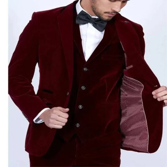 Burgoundy Velvet Men Suits Slim Fit 3 Pieces Blazer Tastor Hecho Vino Rojo Prom Party Chaqueta de esmoquin+pantalones+chaleco