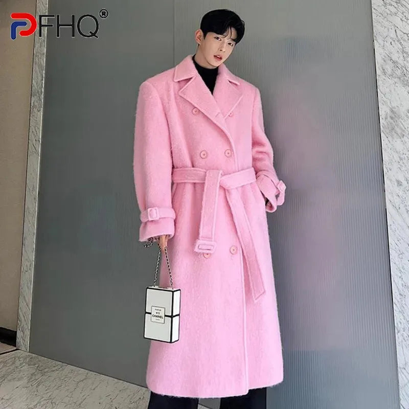 PFHQ Autumn/Winter Korean Fashion Versatile Thickened Double Woolen Coat 2024 Solid Color Long Sleeve Male Tops 21Z7501