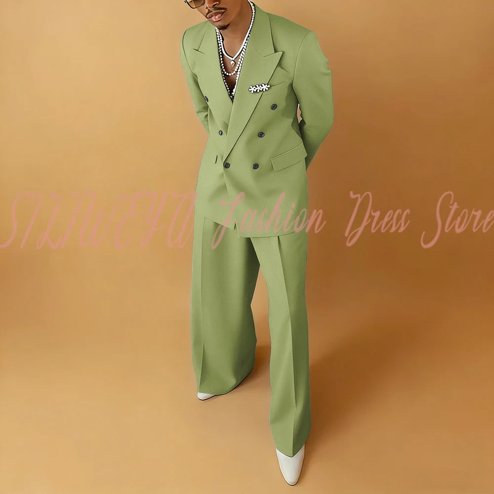 Double Breasted Men Solid Color Suit 2 Pieces Jacket Pants Business Casual Social Party Male Clothing Best Man Costumes Hommes