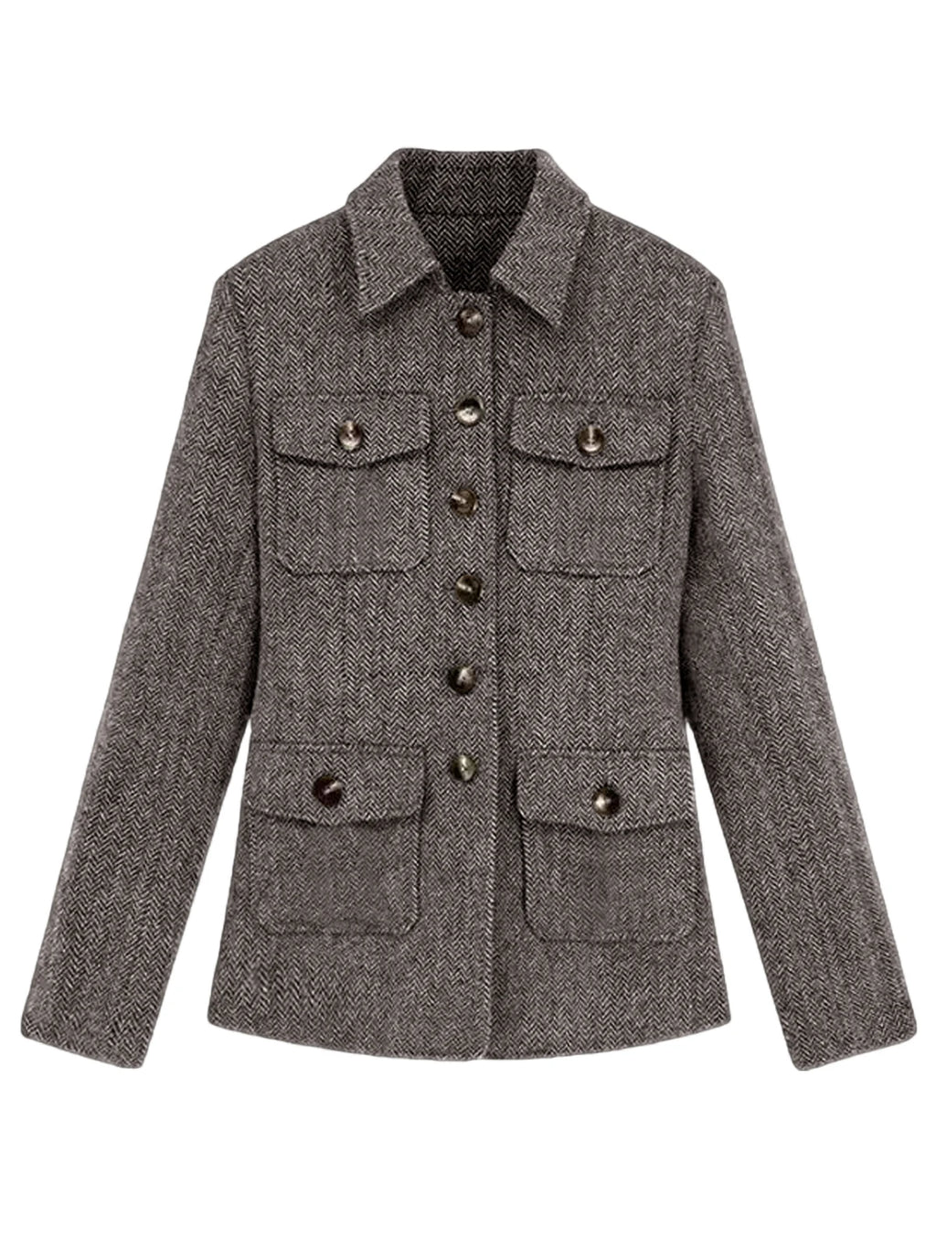 Men's Herringbone Wool Blend Blazer Jacket Notch Collar Utility Multi-Pocket Casual Overcoat For Spring Autumn