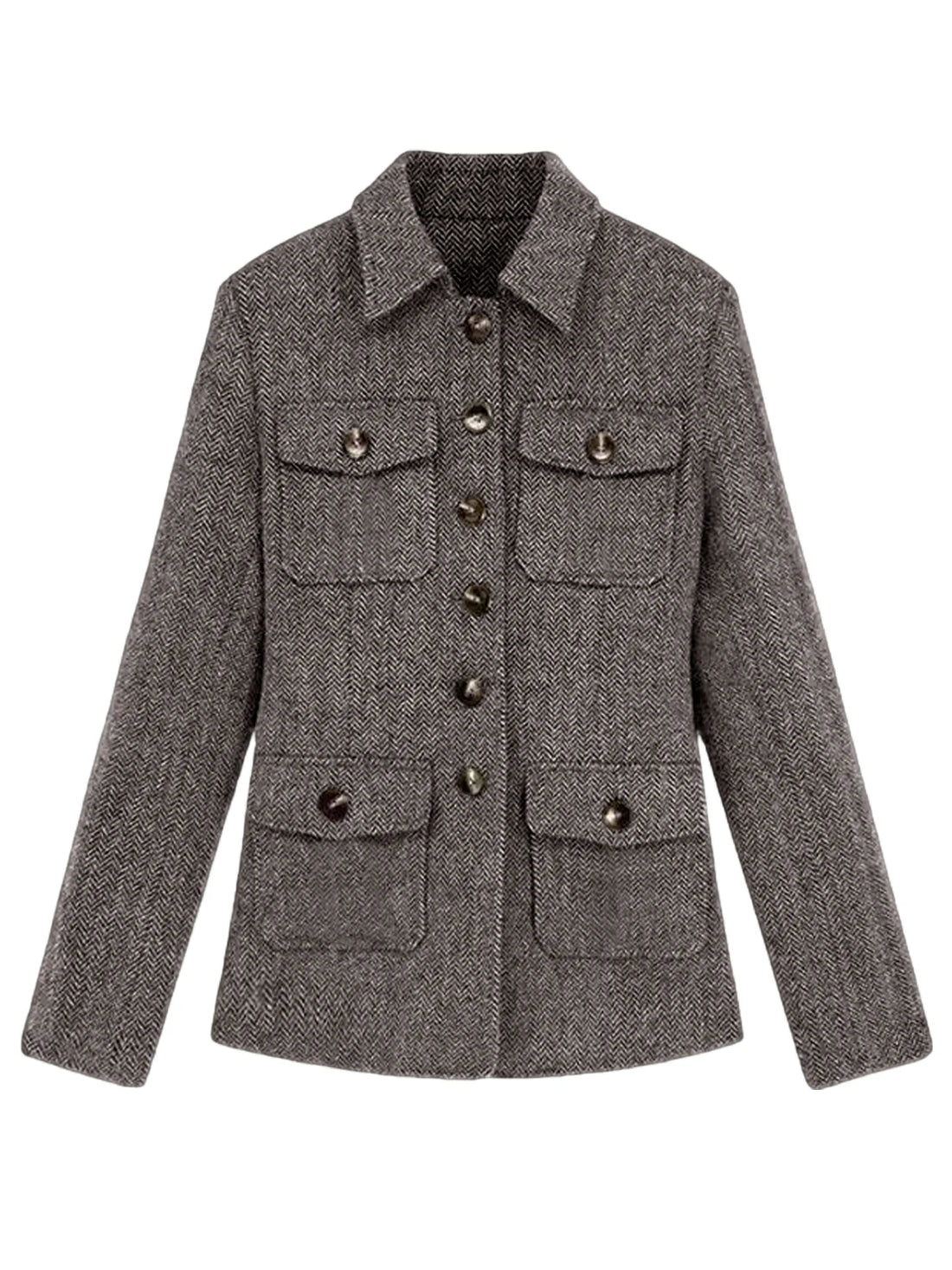 Men's Herringbone Wool Blend Blazer Jacket Notch Collar Utility Multi-Pocket Casual Overcoat For Spring Autumn
