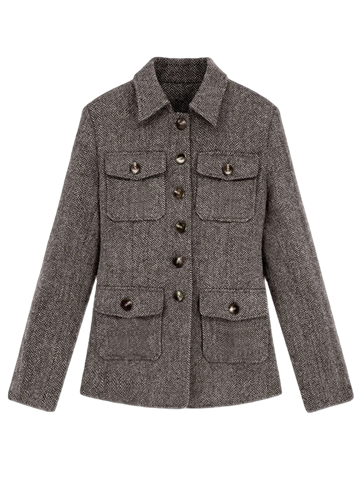Men's Herringbone Wool Blend Blazer Jacket Notch Collar Utility Multi-Pocket Casual Overcoat For Spring Autumn