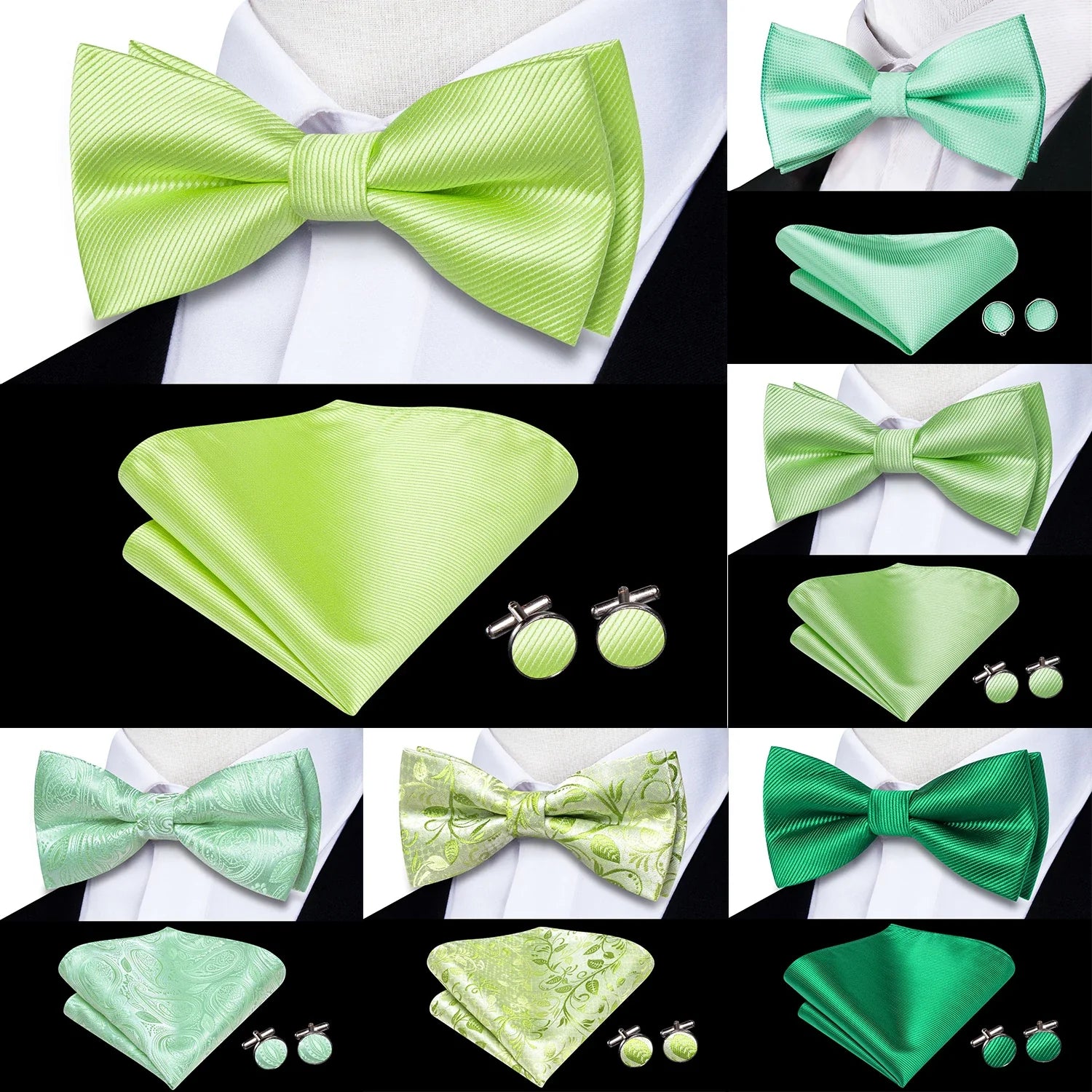 Hi-tie Silk Mens Wok Tie Hanky ​​Pungini per set di salti Sage Mint Green Green Learfly Bowtie nodo a farfalla per affari di nozze maschili