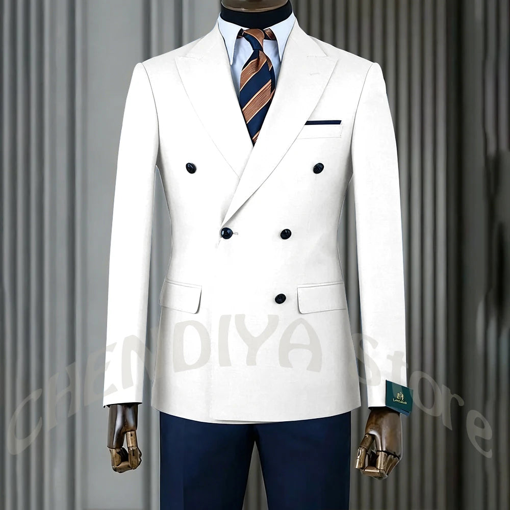 Stylish Men Suits Contrast Color Formal Blazer Male Clothing Double Breasted Business Casual Party Prom Jacket Pants Navy Blue