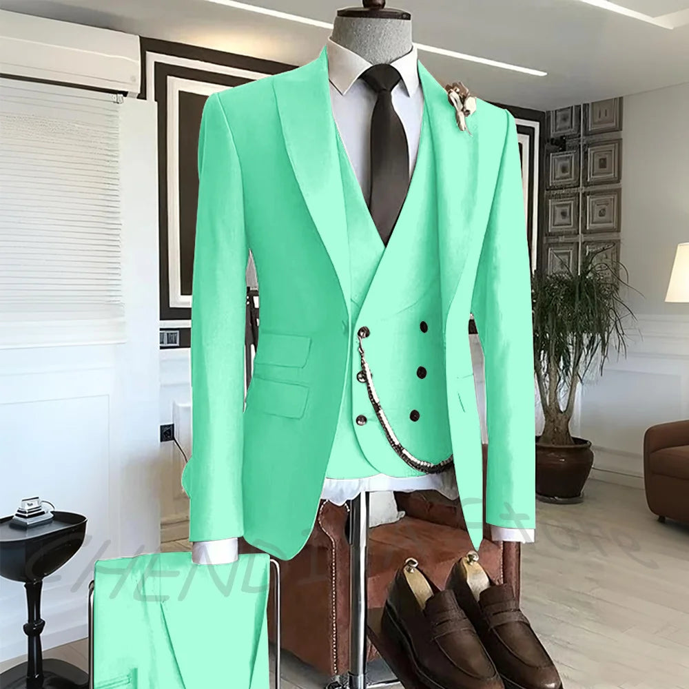Men's Suit Formal Set 3 Piece Chic Single Button Peak Lapel Slim Fit Outfit Jacket Pants Vest High Quality Business Casual