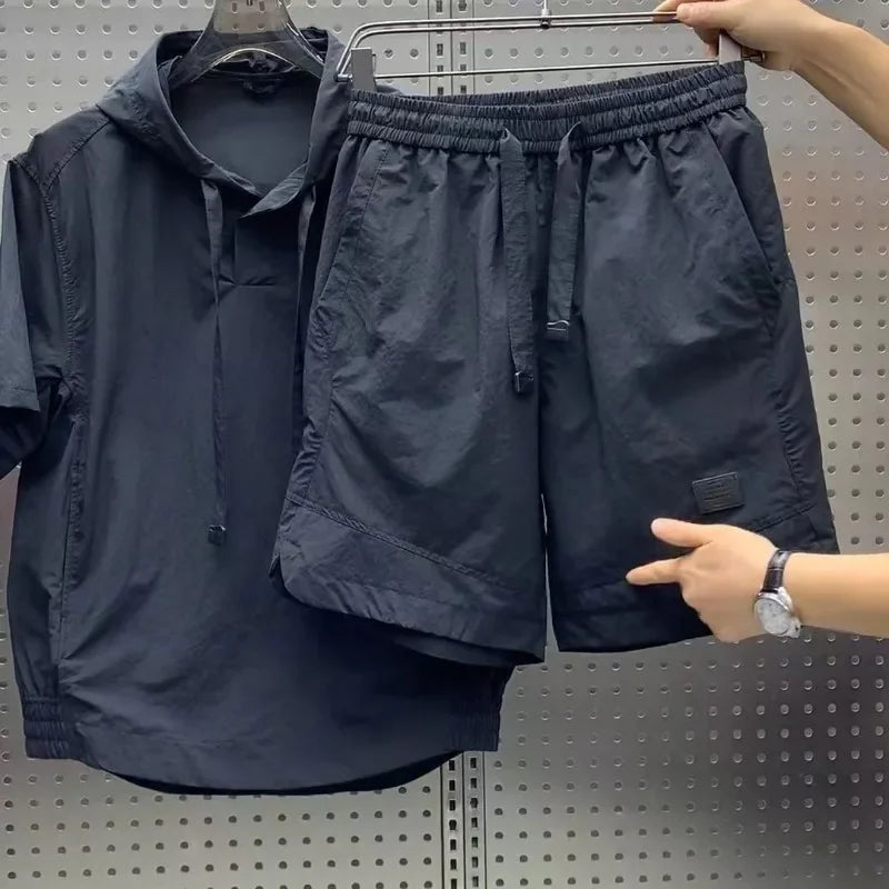 Nylon T-shirts Shorts Suits for Men Plain New in Matching Trends Costumes Outfits Loose Baggy Stretch Chic Outdoor Kpop Man Sets
