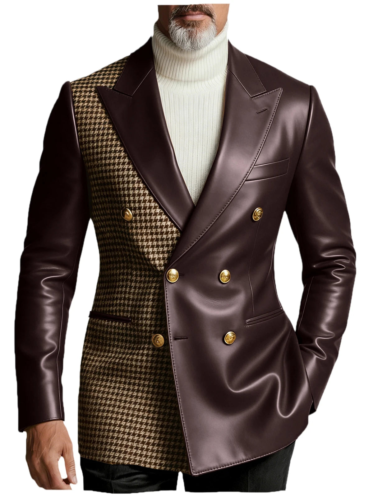 Men's Houndstooth Faux Leather Patchwork Blazer Jacket Double Breasted Peak Lapel Gold Button Slim Fit Suit For Business Casual