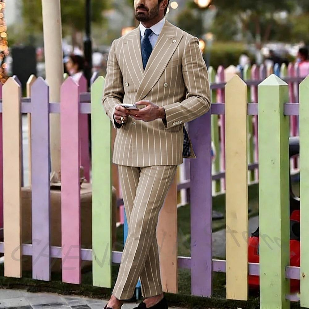 Light Purple Striped Men Suit England Style Peaked Lapel Double Breasted Classic Male Clothing Wedding Groom Tuxedo Custom Set