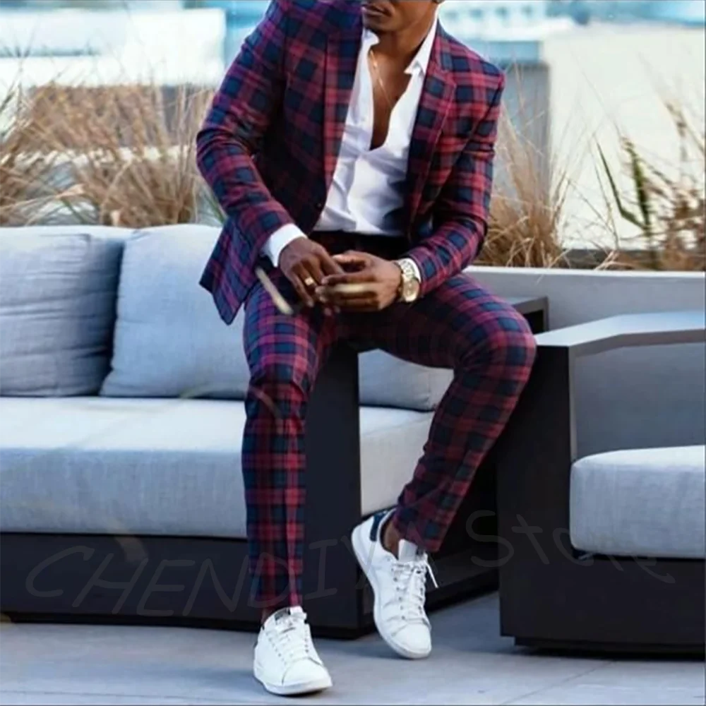 Customized Plaid Men Suits High Quality Nocth Lapel Single Breasted Jacket Pants Wedding Boyfriend Suit Club Prom Fashion Set