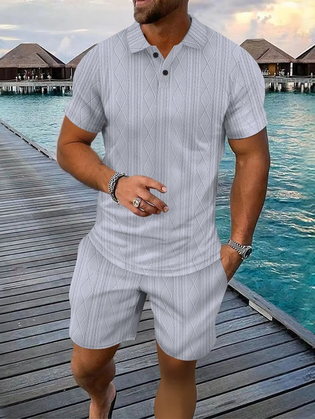 Men's Fashion Striped Jacquard Two-Piece Set Casual Loose Lapel T-Shirt Top Spring Summer Sports Beach Set