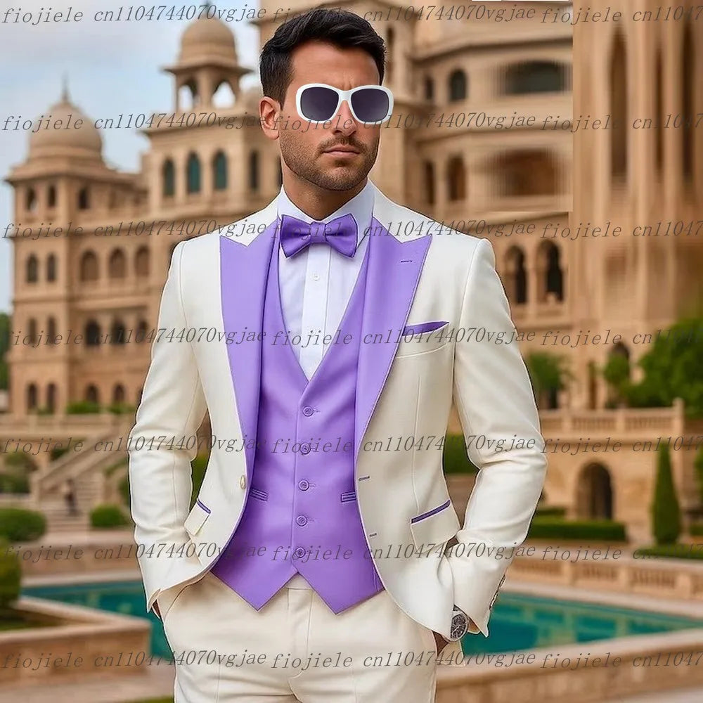 White And Purple Men Suit Formal Wedding Party Groom Groomsman Business Male Tuxedos Customized 3 Piece Set Jacket Vest Pants