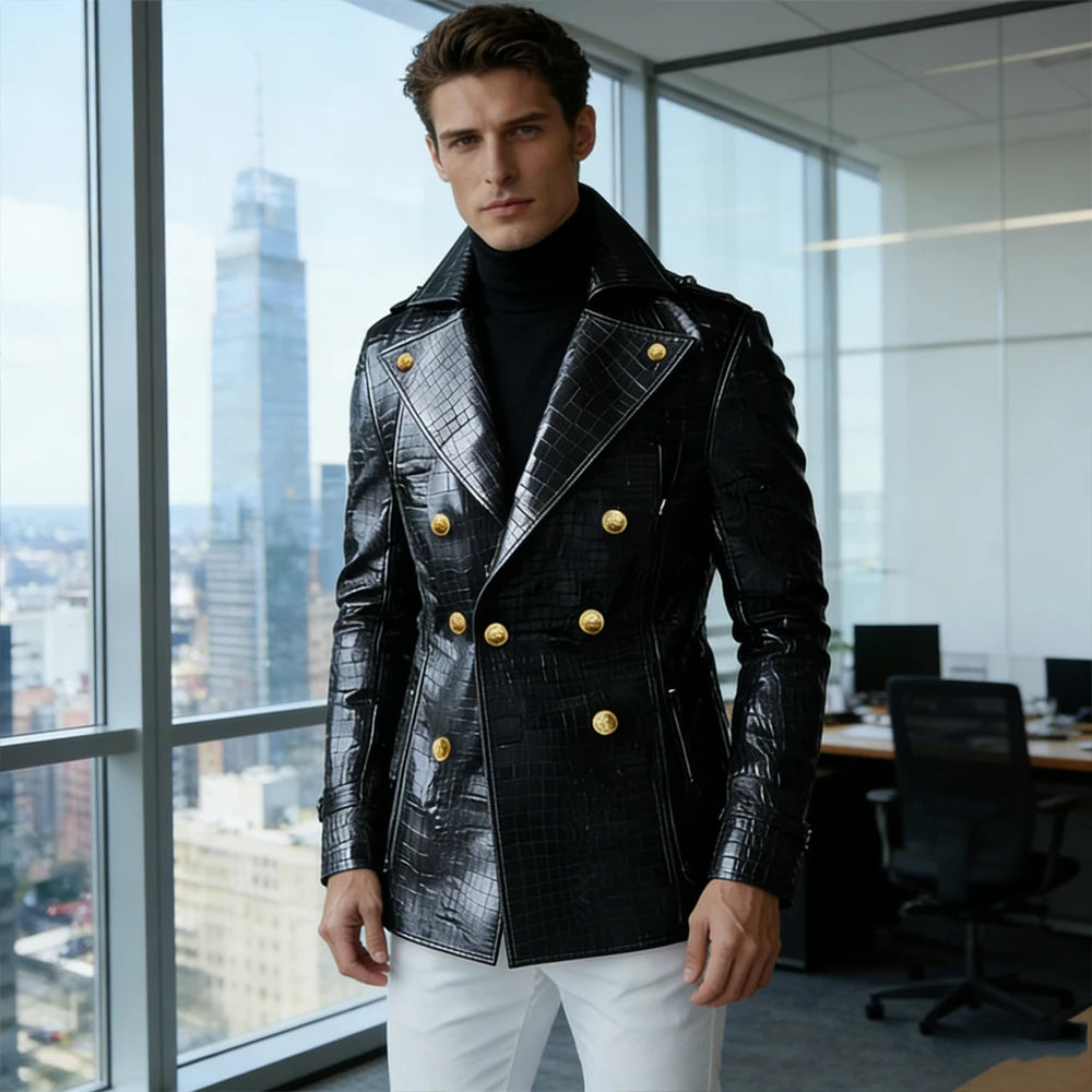 Men's Crocodile Embossed Leather Blazer Double Breasted Trench Coat Wide Lapel Gold Button Slim Fit Jacket For Four Season
