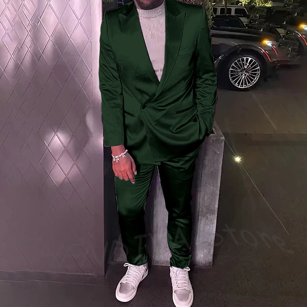 Silver Satin Men Suits 2 Piece Chic Peak Lapel Casual Daily Suit Single Button Formal Evening Party Tuxedo (Blazer+Pants)